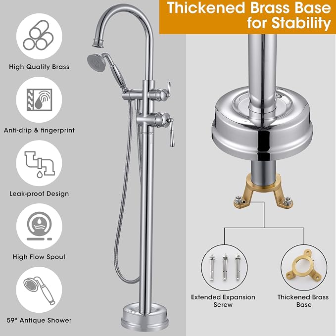Freestanding Tub Faucet, Floor Mount Tub Faucet Polished Chrome High Flow Tub - Image 3