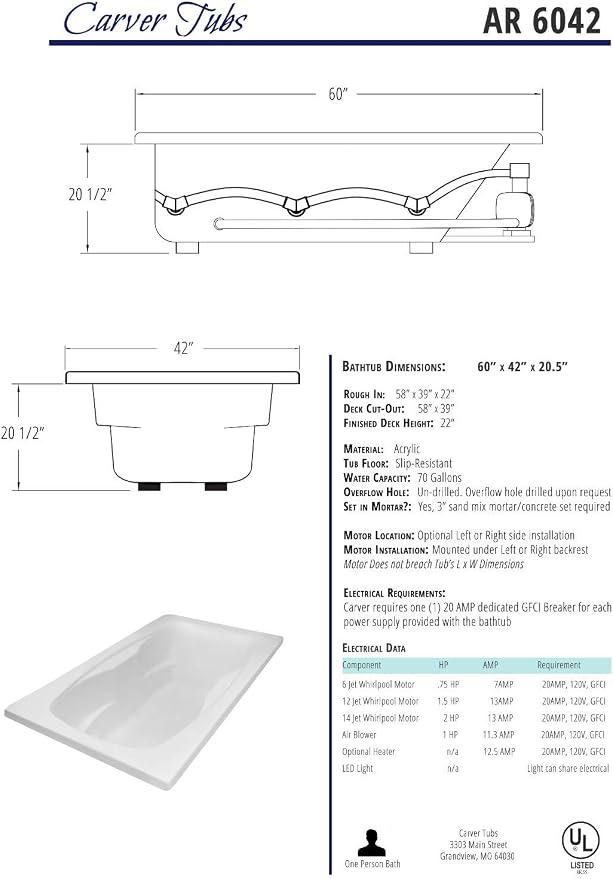 Carver Tubs - AR6042 - Modern Acrylic Fiberglass Whirlpool Tub Water Massage - Image 7