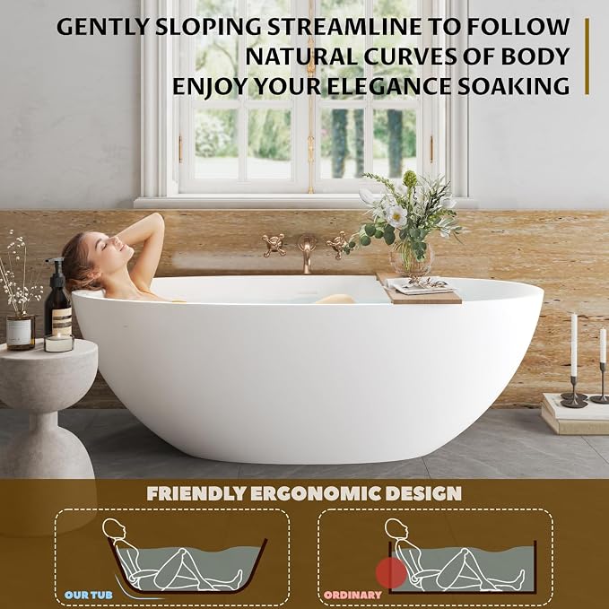 65" Resin Stone Freestanding Bathtub, Soaking Tub, Ergonomic Design, Easy - Image 3