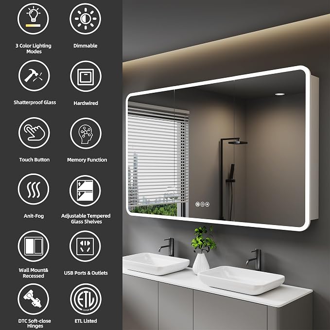 Medicine Cabinet with LED Lights and Mirror, 60 x 32 Inch Surface or Recessed - Image 3