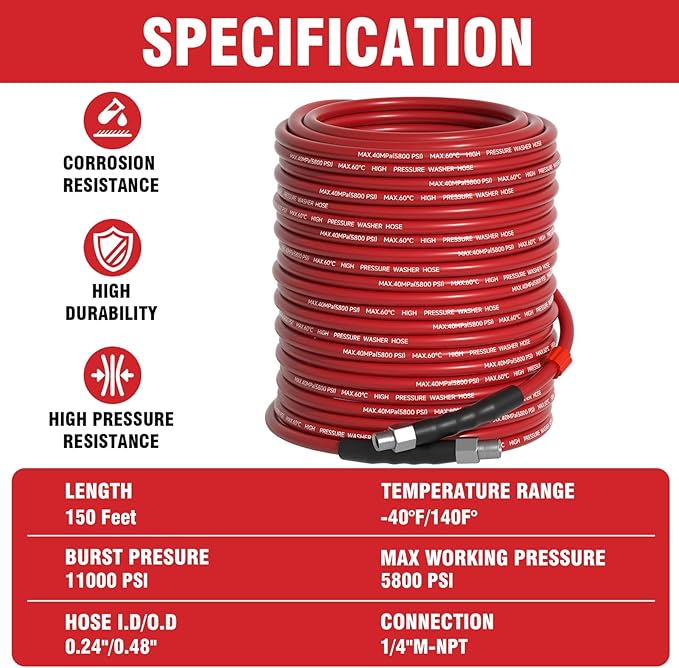 Sewer Jetter Kit 150FT for Pressure Washer, 5800 PSI Drain Cleaner Hose 1/4 - Image 2