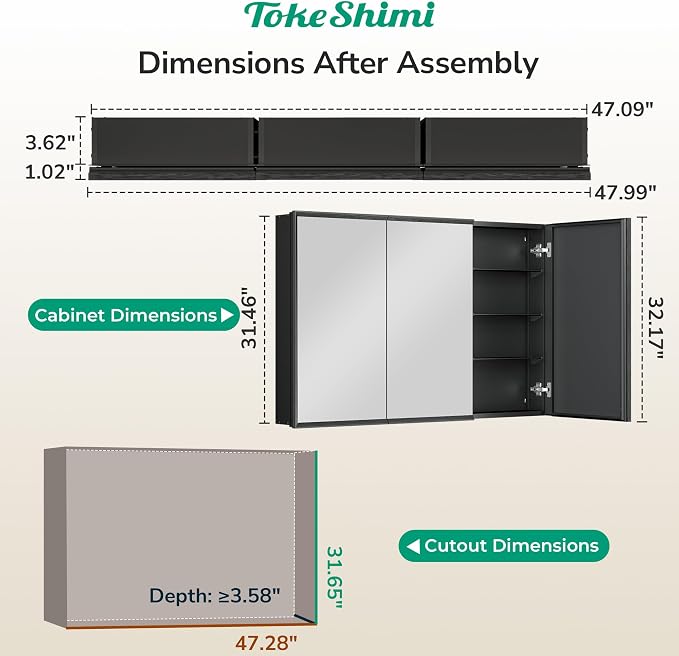 TokeShimi 48 x 32 Medicine Cabinet Recessed, Assembly Required, Lagre Medicine - Image 2
