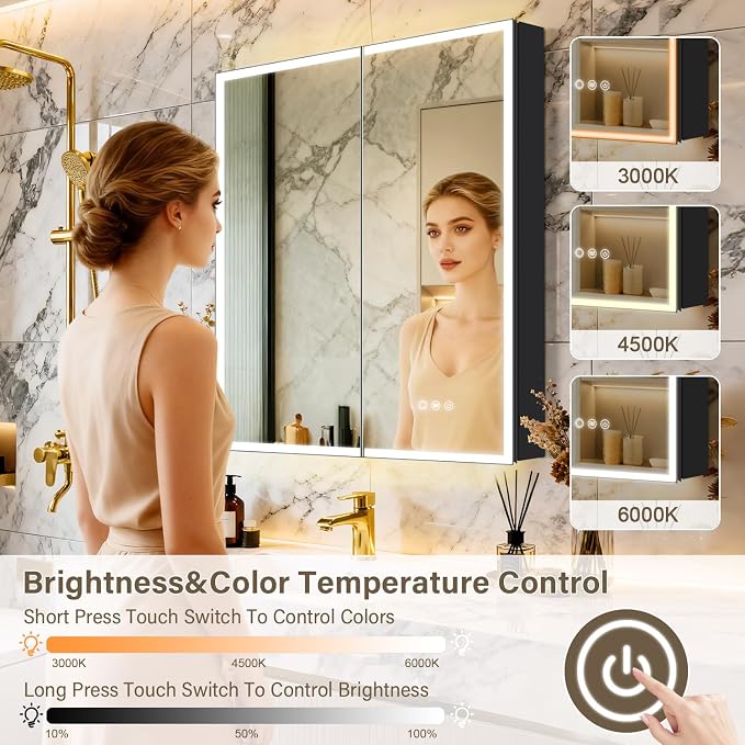 Aluminum Medicine Cabinet with Light, Stepless Glass Shelf, 3 Colors Temperature - Image 4