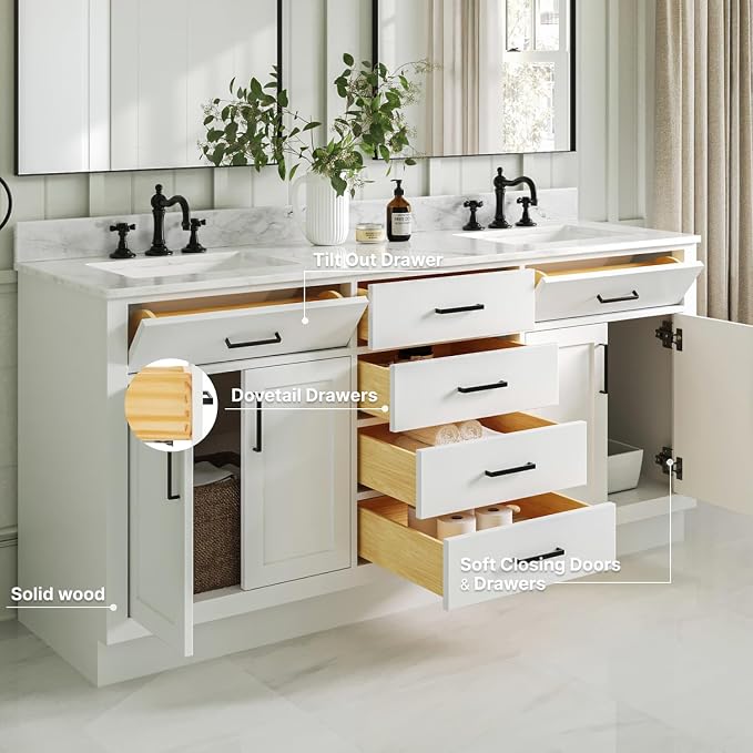 ARIEL Double Bathroom Vanity 73" White, Italian Carrara Marble Countertop & - Image 3