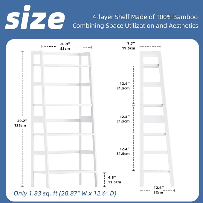 HITNET White Ladder Bookshelf, Leaning Bookcase, 4-Tier Bamboo Shelf, Floor - Image 3