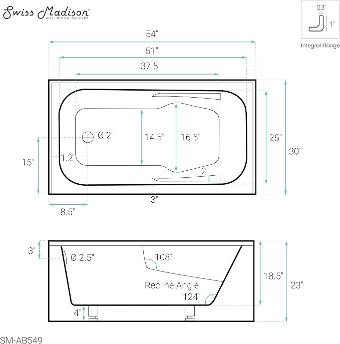 Swiss Madison Well Made Forever SM-AB549 Voltaire Alcove Tub 54" x 30" - Image 9