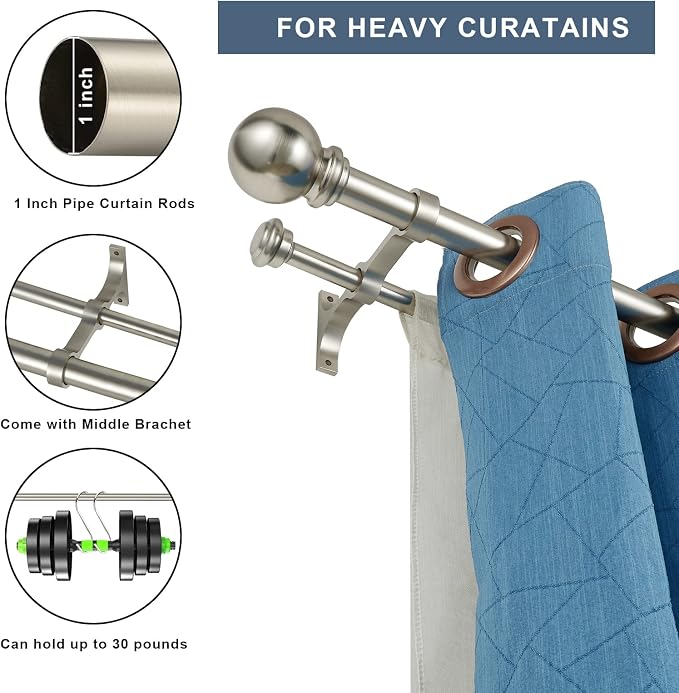 Double Curtain Rod 48 to 84 inch, Adjustable 1 inch Double Drapery Rod Rods - Image 2