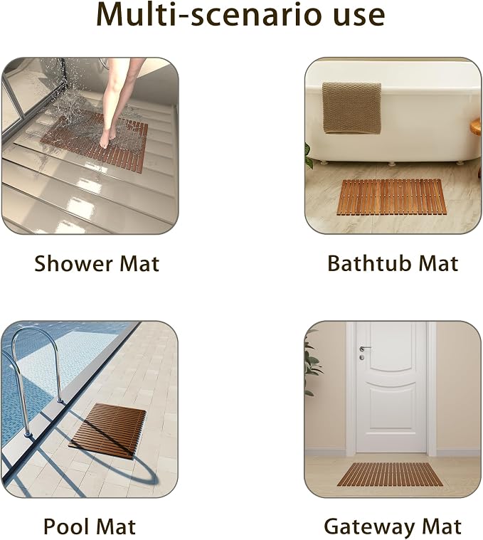 OLDTREE 15.78" W x 23.62" L Foldable Teak Shower Mat, Non Slip, Luxury Wood - Image 4