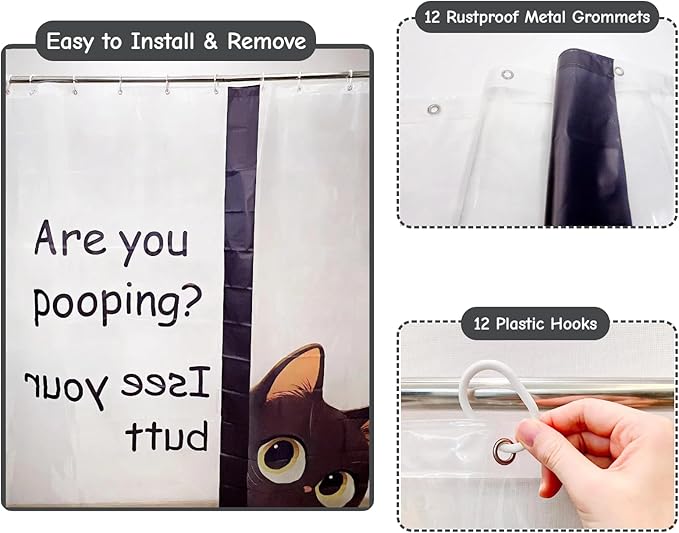 Clear Cute Funny Black Cat Shower Curtain Liner, Are You Pooping Shower Curtain - Image 4