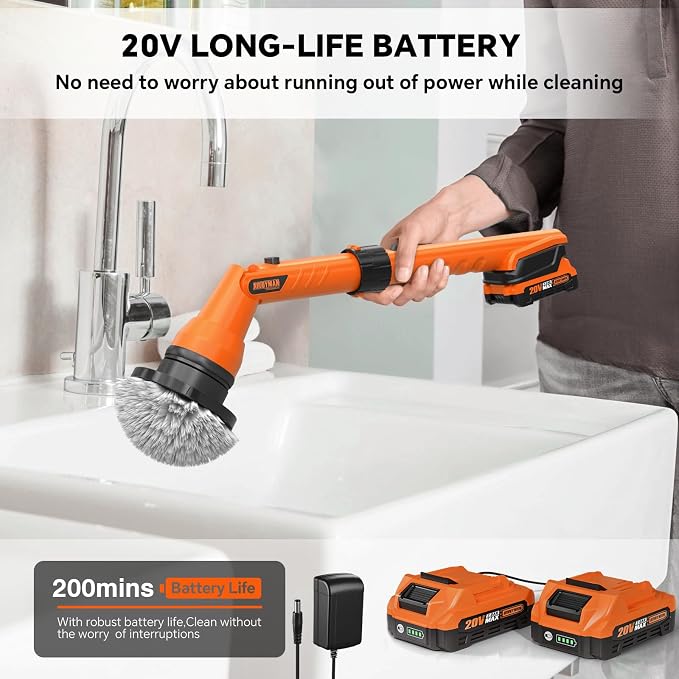 2 Battery Electric Spin Scrubber, 1000RPM Cordless Cleaning Brush Waterproof - Image 2