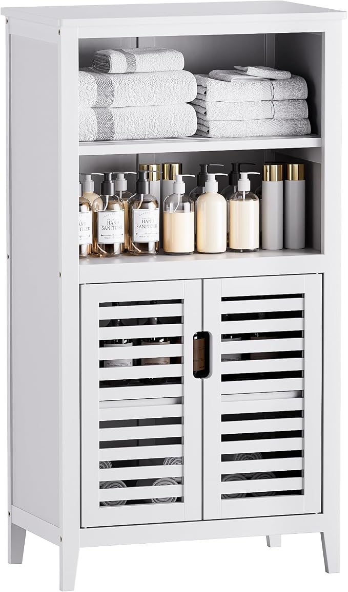 HITNET White Bathroom Cabinet, Bamboo Storage Cabinet Freestanding, Side Tall by HITNET