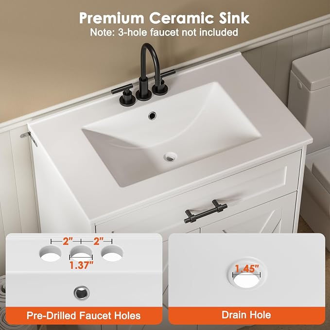 Amada 30″ Bathroom Vanity with Ceramic Sink, Farmhouse Undermount Vanity Sink - Image 3
