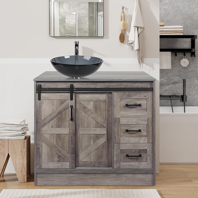 36 Inch Barn Door Bathroom Vanity, Farmhouse Style Standing Pedestal Cabinet by Solidee