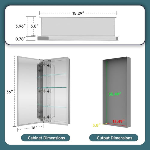 16"x36" Bathroom Mirror Medicine Cabinet, Aluminum Medicine Cabinet - Image 2