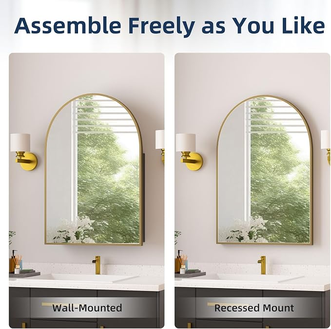 Medicine Cabinets for Bathroom, Brush Gold Arched Medicine Cabinet Recessed or - Image 3