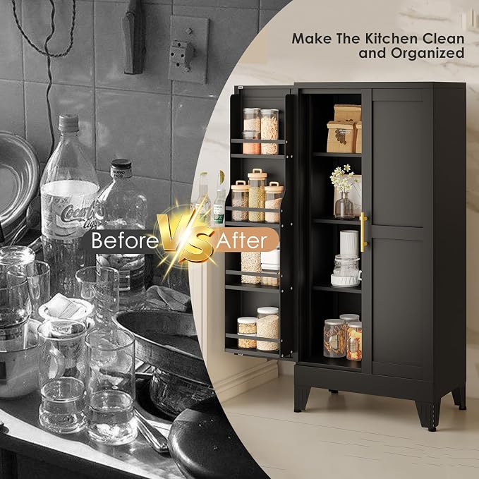 48" H Metal Kitchen Pantry Storage Cabinet, Freestanding Cupboard Storage - Image 6