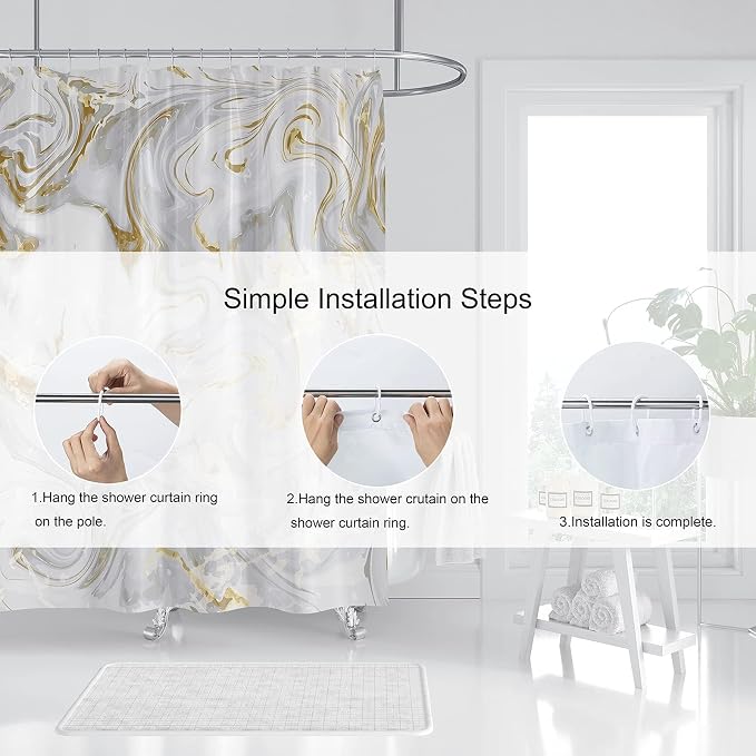 Domoku Grey Gold Marble Shower Curtain, Abstract Modern - Image 5