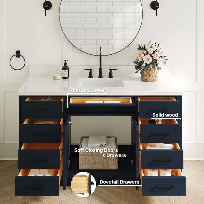 ARIEL Bathroom Vanity 61" Midnight Blue, 1.5" Edge Pure White Quartz Countertop - Image 5
