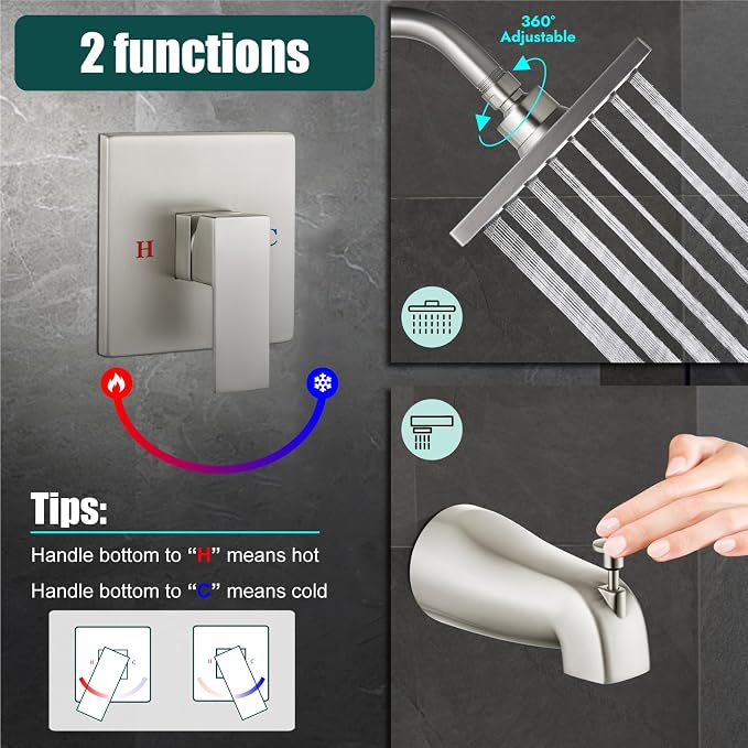 Heyalan Bathtub Shower Faucet Set, 6 Inch Square Trim Kit - Image 4