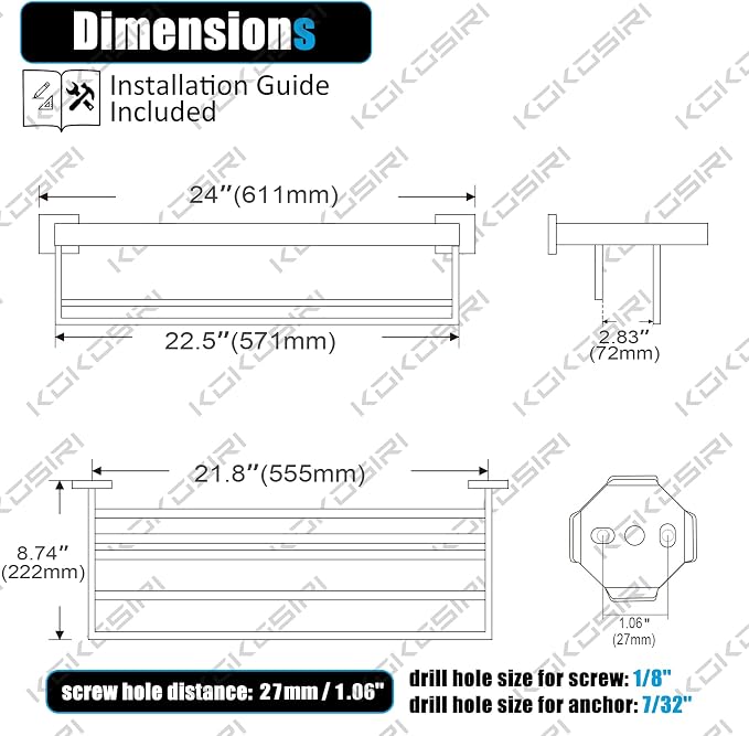 KOKOSIRI Towel Shelf Holder 24'' Bathroom Towel Rack - Image 2