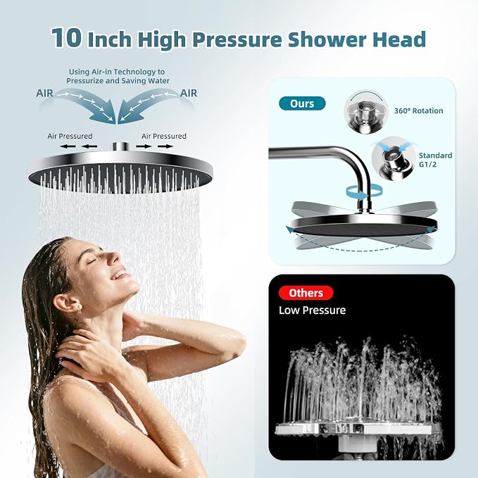 Hibbent Upgraded Self-cleaning Shower Head Combo, High Pressure 10'' Rain - Image 2