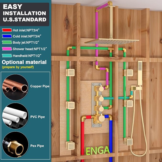 Enga Brushed Gold Shower Jets System, 16 Inch LED Rainfall Shower Faucet Set - Image 6