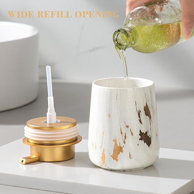 Enra Ceramic Gold Soap Dispenser, 12 oz Marble Lotion Dispenser Bathroom Liquid - Image 3