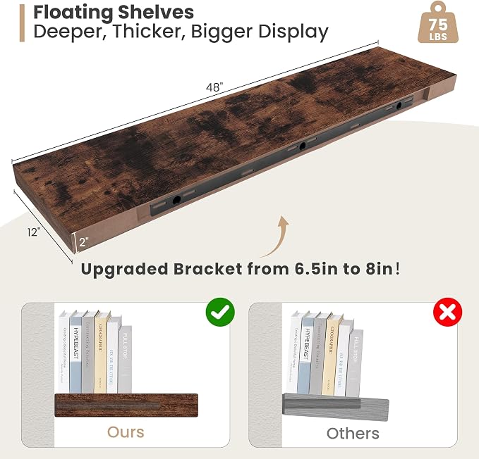 Heimlove 12 Inch Deep Floating Shelves, 48 x 12 inches Long Wall Shelf - Image 3
