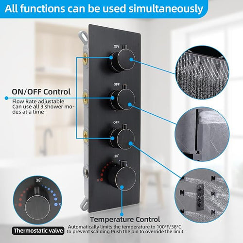 16x32 Inches Bathroom Shower System Ceiling Mount Thermostatic Luxury Rain - Image 2