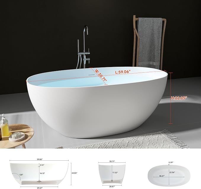 SJ STAR&JANE 59" Freestanding Solid Surface Bathtub, Oval Stone Resin Soaking - Image 7