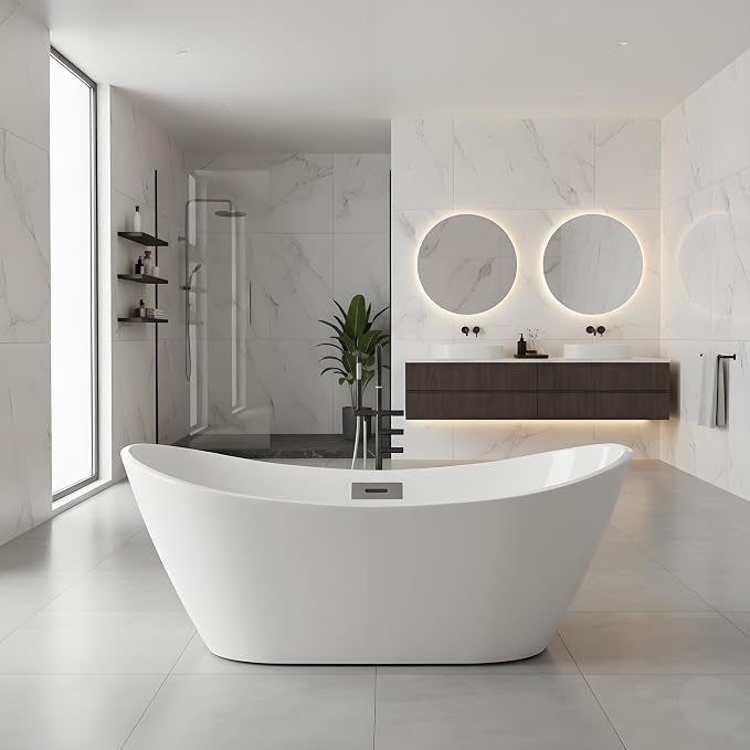 Freestanding Bathtub – 59 Inch Modern Acrylic Soaking Bathtub, Deep Oval Free by Unknown
