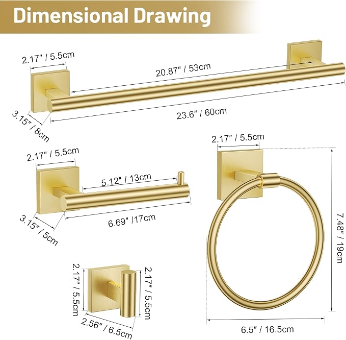 TURS 5-Pieces Brushed Gold Bathroom Hardware Set 23.6 Inch SUS304 Stainless - Image 7