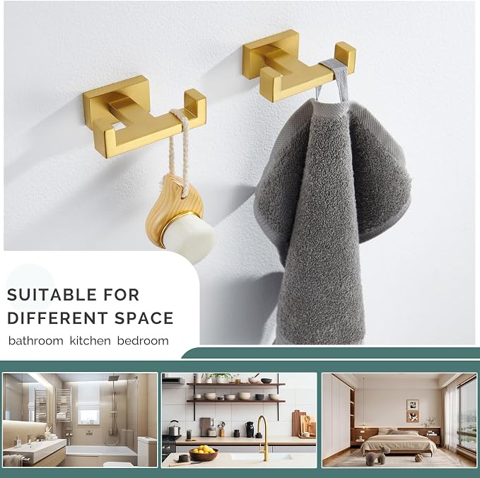Angle Simple Double Towel Hook Brassy Gold 2 PCS, SUS304 Stainless Steel - Image 3