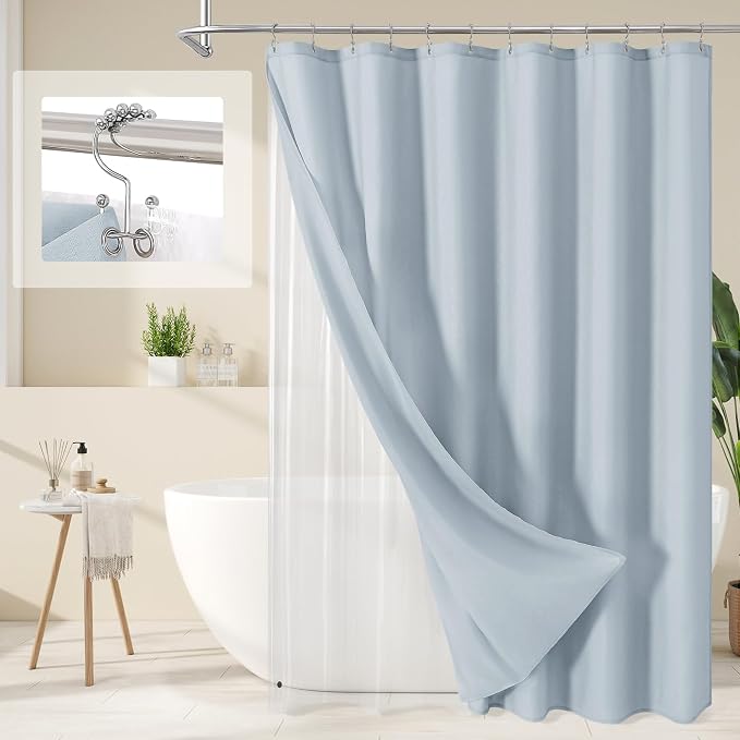 MitoVilla 3 in 1 Shower Curtain Set, FogBlue Boho Farmhouse Linen Textured Bath by MitoVilla