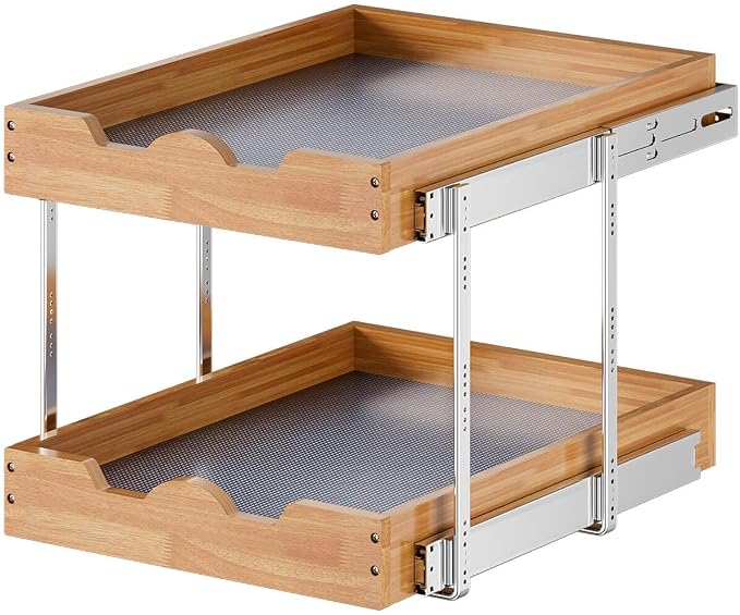 OCG 2 Tier Pull Out Cabinet Organizer, Double Tier Slide out Wood Drawer Shelf - Image 7