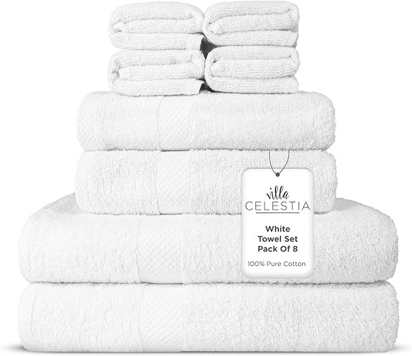 100% Combed Cotton Bathroom Towel Set of 8- 2 Bath Towels, 2 Hand Towels by VillaCelestia