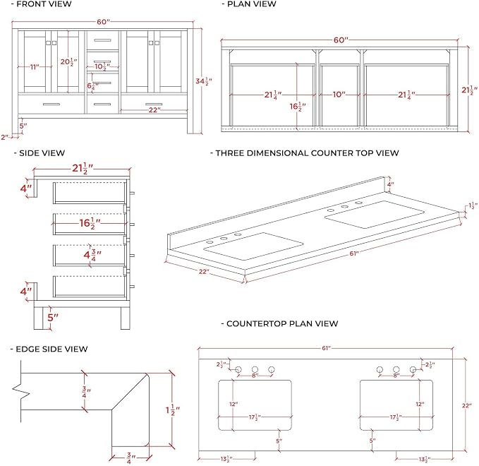 ARIEL Cambridge 61 Inch Midnight Blue Bathroom Vanity Double Sink, Solid Wood - Image 10