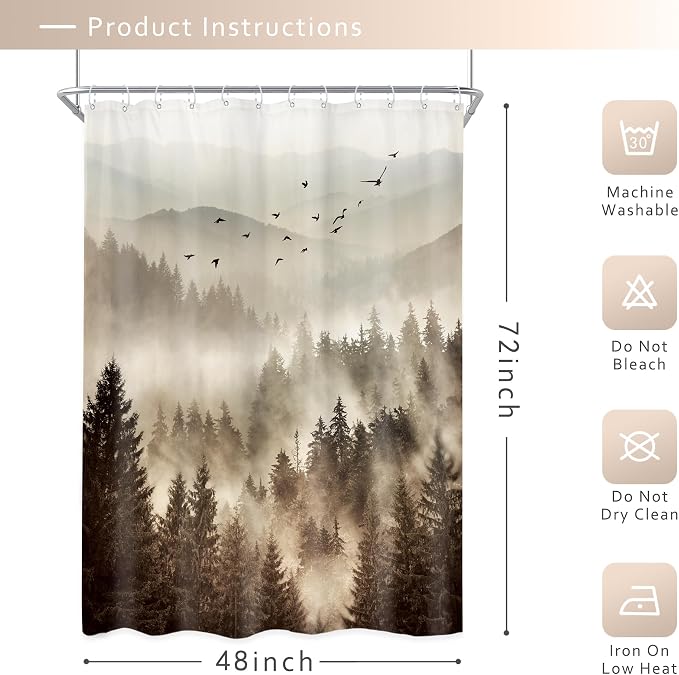 Riyidecor Foggy Mountain Shower Curtain 48Wx72H Inch RV Narrow Nature Scenery - Image 5