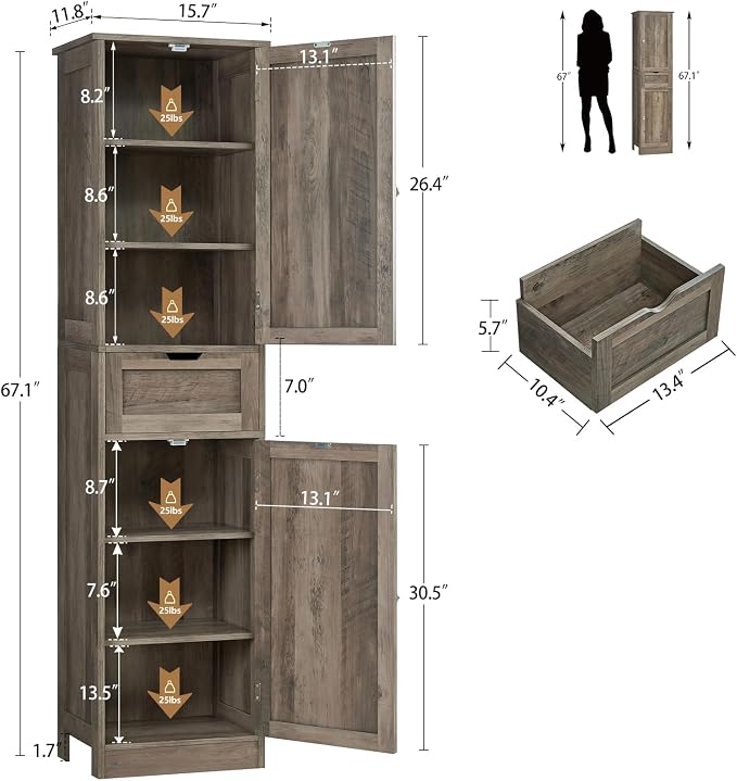 Iwell 67" Tall Storage Cabinet, Narrow Storage Cabinet - Image 3