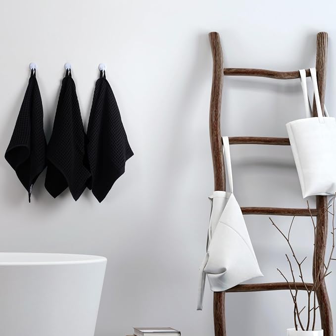 PÜSKÜL Organic Waffle Hand & Kitchen Towel 100% Turkish Cotton Set of 3 Black - Image 7