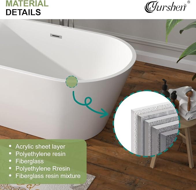 63 Inch Freestanding Bathtub White Acrylic Roll Top Soaking Tub - Image 6