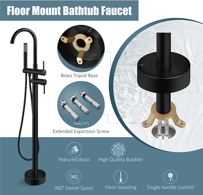 Aolemi Floor Mount Bathtub Faucet Freestanding Tub Filler Standing High Flow - Image 6