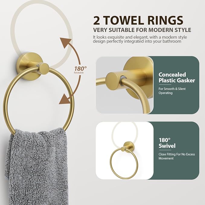 Brushed Gold Bathroom Hardware Set 4 Piece Towel bar Set, Towel Rack - Image 6