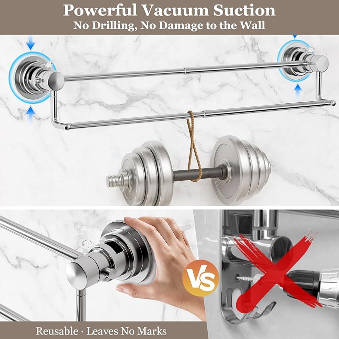 Suction Cup Double Towel Bar Adjustable 13"-25", Bath Sheet Rack Stainless Steel - Image 3