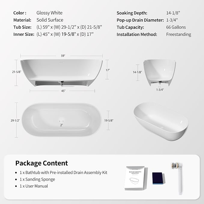 Abruzzo 59" Free Standing Solid Surface Resin Stone Bathtub, Contemporary Oval - Image 3