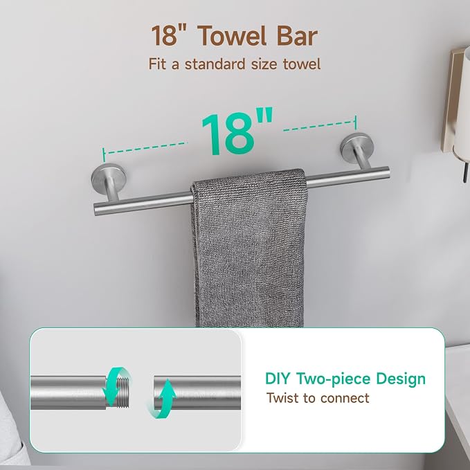 USHOWER Brushed Nickel Bathroom Hardware Set, Modern 18-Inch Towel Bar Set Wall - Image 3