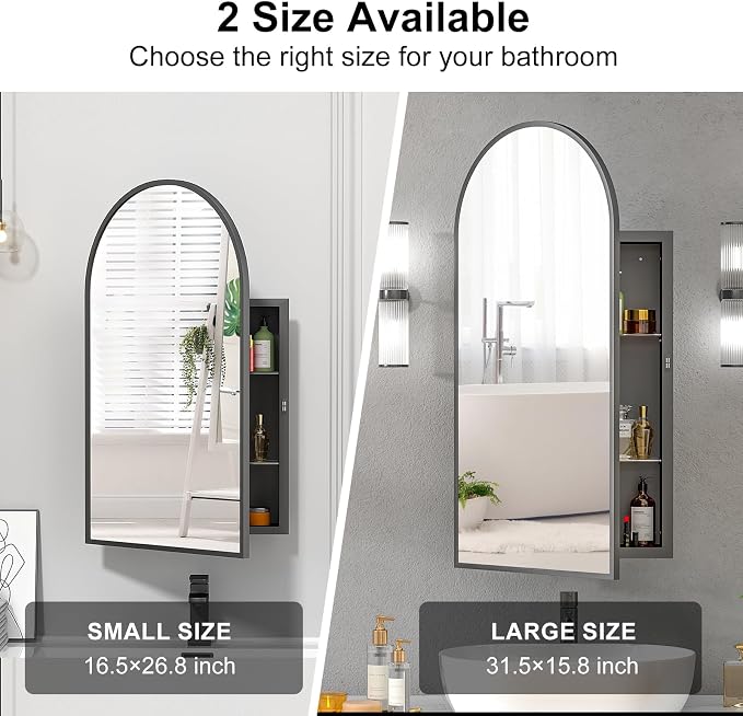 16x31 Black Arched Medicine Cabinet, Recessed Medicine Cabinet - Image 6