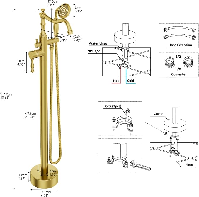 Brushed Gold Bathtub Faucet Freestanding Tub Filler High Pressure Single Handle - Image 9