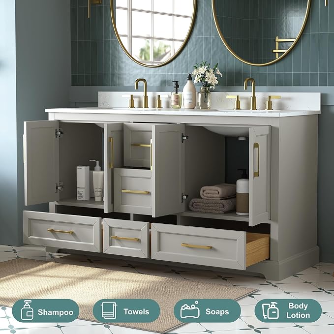 60 Inch Bathroom Vanity with Double Sink Combo, Solid Wood Frame with Mable Top - Image 8