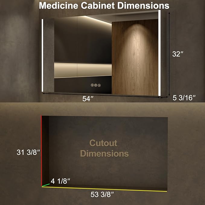 Medicine Cabinet with LED Lights and Mirror, 54 x 32 Inch Surface or Recessed - Image 2